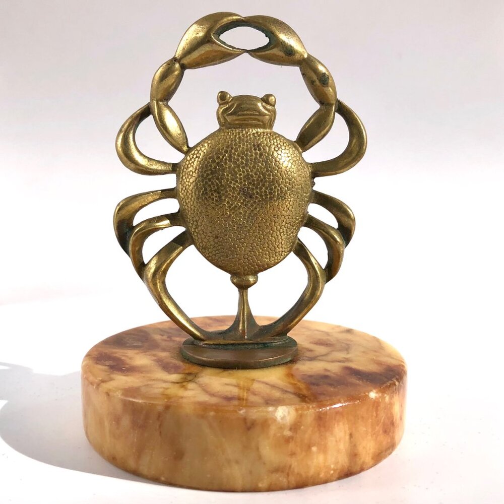 brass crab statue on marble nautical ocean astrological cancer vintage sculpture - Picture 4 of 13